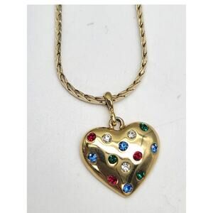 14k GP Pave Multicolored Gemstones Heart & Wheat Chain Pendant Necklace 24"